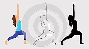 Beautiful training yoga poses. Girl exercises. Set of women doing sports, dancing, Pilates, jumping, fitness. Sport women vector