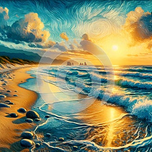 A beautiful tranquil beach at sunrise, with gentlynflow waves, creating calming and serenity athmosphere, painting art of Van Gogh