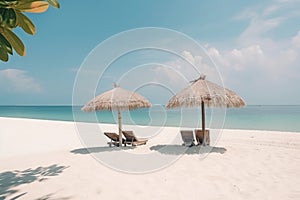 Beautiful tranquil white sand beach with two beach chair and thatched umbrella near palm