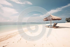 Beautiful tranquil white sand beach with two beach chair and thatched umbrella near palm