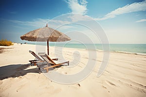 Beautiful tranquil white sand beach with two beach chair and thatched umbrella near palm