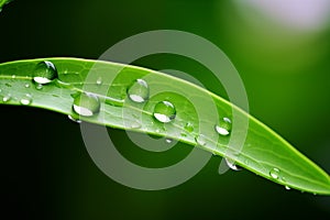 Beautiful transparent natural dew drops on fresh grass leaf. Closeup water drops. morning dew on leaves