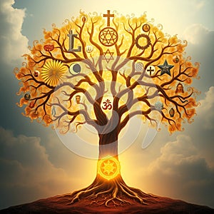 Golden Tree with Religious Symbols and Glowing Heart-Shaped Roots.World Religion Day. photo