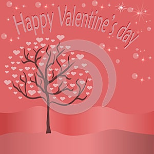 A beautiful tree with hearts on branches of pink color, on a beautiful background with an inscription of a happy Valentine`s Day