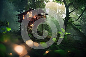 Beautiful tree house in deep Forest with sun shining through the tree Generative AI