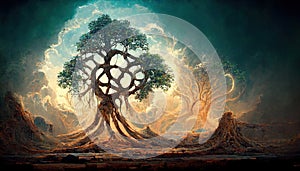 Beautiful tree of life, sacred symbol. Individuality, prosperity and growth concept. Digital art.