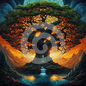 beautiful tree of nine realms of viking mythology, surrealistic illustration, aesthetically pleasing wallpaper background photo