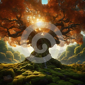 beautiful tree of nine realms of viking mythology, surrealistic illustration, aesthetically pleasing wallpaper background photo