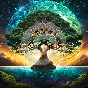 beautiful tree of nine realms of viking mythology, surrealistic illustration, aesthetically pleasing wallpaper background photo