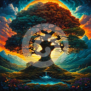 beautiful tree of nine realms of viking mythology, surrealistic illustration, aesthetically pleasing wallpaper background photo