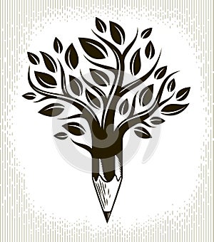 Beautiful tree with pencil combined into a symbol, creativity and ideas concept vector classic style logo or icon. Art and design