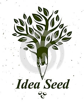Beautiful tree with pencil combined into a symbol, Idea seed concept vector classic style logo or icon. Strong thoughts virus idea