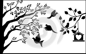 Beautiful tree with pigeons and love birds silhouette isolated on white background - vector