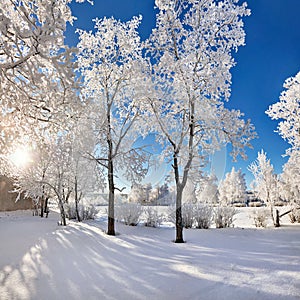 Beautiful trees in hoarfrost, winter day