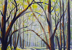 Beautiful trees in the spring forest acrylic painting countryside landscape