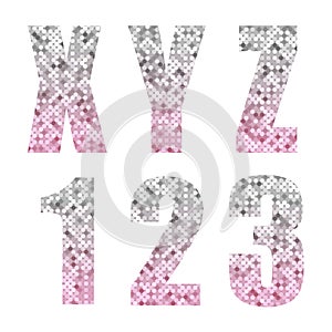 Beautiful trendy glitter alphabet letters and numbers with silver to pink ombre
