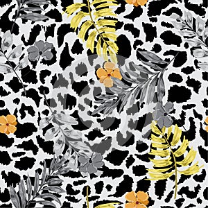 Beautiful and trendy Tropical summer floral safari leaves on exotic animal skin leopard prints ,hand drawn style background. Sea