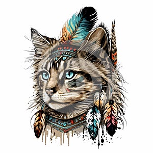 Beautiful tribal furry kitten wearing Indian headband