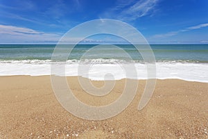 Beautiful Tropical beach andaman sea and clear blue sky background,in phuket island,Summer beach with wave crashing on sandy