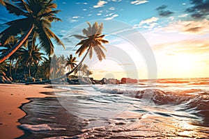 Beautiful tropical beach with coconut palm tree at sunset