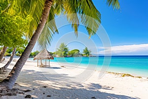 Beautiful tropical beach with coconut palm tree and umbrella. Generative AI