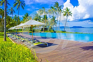 Beautiful tropical beach front hotel resort with swimming pool, umbrella, coconuts tree sun-loungers, palm trees during a warm sun