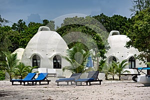 Beautiful tropical beach of Koh Rong Samloem island with stylish white bungalows.