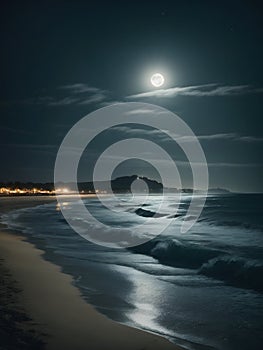 Beautiful tropical beach at night in full moon light. Palm trees on the shore.