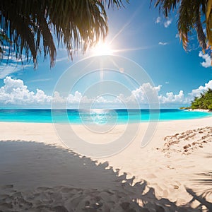 Beautiful tropical beach panoramic view, turquoise sea water, ocean waves, yellow sand, sun in blue sky, white clouds,