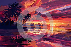 Beautiful Tropical Beach Scenery at Dawn or Dusk Hand Drawn Painting Illustration