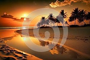 Beautiful tropical beach at sunset with palm trees and orange sky for travel and vacation. Generative AI.