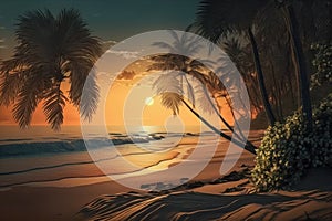 Beautiful tropical beach at sunset with palm trees and orange sky for travel and vacation. Generative AI.