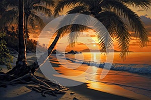 Beautiful tropical beach at sunset with palm trees and orange sky for travel and vacation. Generative AI.