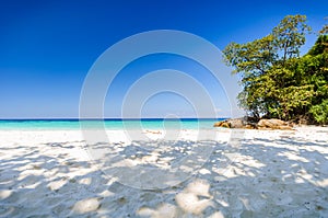 Beautiful tropical beach, white sand and blue sky background.