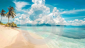 Beautiful tropical beach with white sand, palm trees, turquoise ocean against blue sky with clouds on sunny summer day.