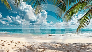 Beautiful tropical beach with white sand, palm trees, turquoise ocean against blue sky with clouds on sunny summer day.