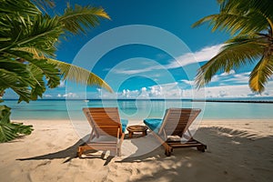 beautiful tropical beach with white sand and two sunbeds framed with palms. Bright crystal clear see. tropical vacation