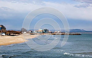 Beautiful tropical coastline with resort buildings