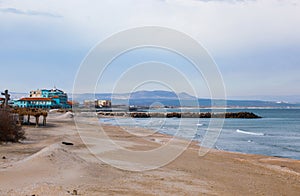 Beautiful tropical coastline with resort buildings