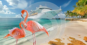 Tropical Flamingo on the Sandy Shore with Docked Cruise Ship in the Background photo