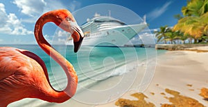 Tropical Flamingo on the Sandy Shore with Docked Cruise Ship in the Background photo