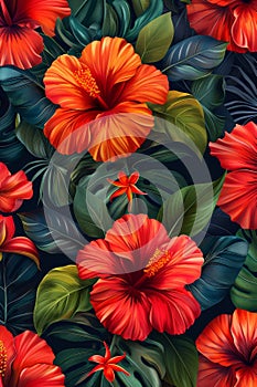 A beautiful tropical flower pattern with green leaves and red flowers, AI