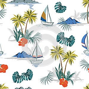 Beautiful tropical isaland seamless pattern vectoe EPS10 background with  palm trees, mountaines, mostera. Isolated on white