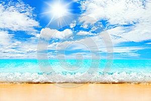 Beautiful tropical island beach panorama, turquoise sea water, ocean wave splash, yellow sand, sun blue sky white clouds, summer