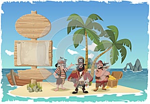 Beautiful tropical island with cartoon pirates.