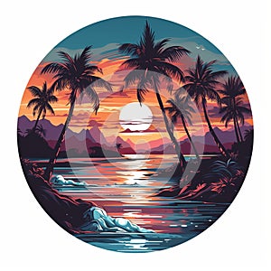 Beautiful tropical island landscape with a backdrop of a fiery sunset, AI-generated..
