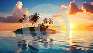 Tropical island with palm trees at sunset. AI Generated