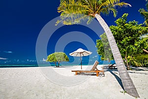 Beautiful tropical island scenery, two sun beds, loungers, umbrella under palm tree. White sand, sea view with horizon