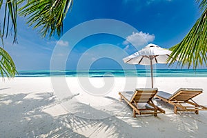 Beautiful tropical island scenery, two sun beds, loungers, umbrella under palm tree. White sand, sea view with horizon