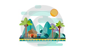 Beautiful tropical landscape, sand beach with palms, bungalow, mountains and sun vector Illustration